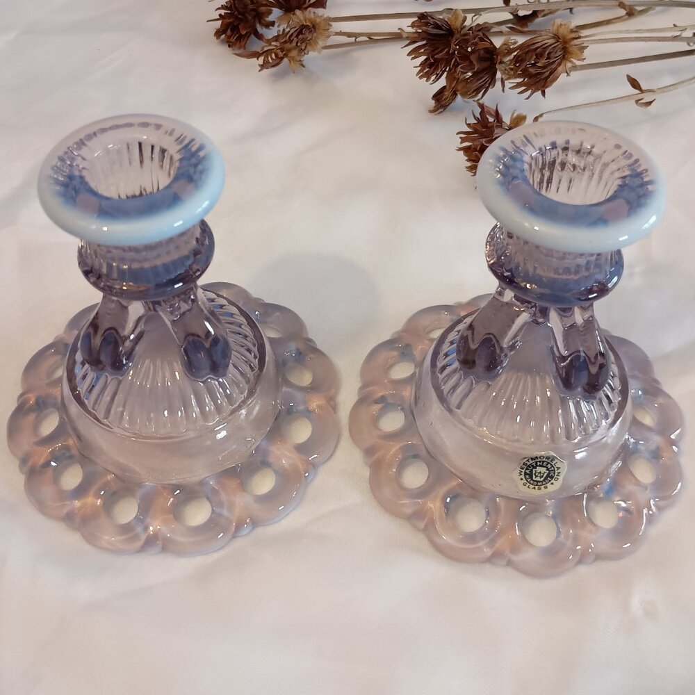 Pair Doric Lace Opalescent Lilac Candleholders w Original Label